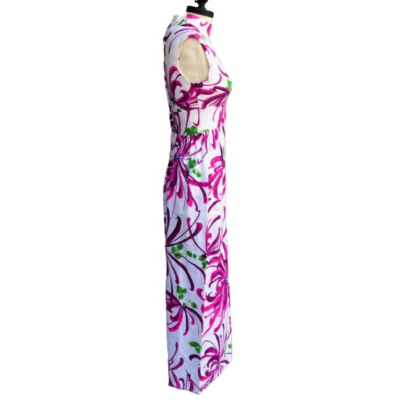 Vintage 60s Evelyn Margolis Hawaiian Floral Barkcloth Formal Maxi Dress XXS/XS - Picture 10 of 17